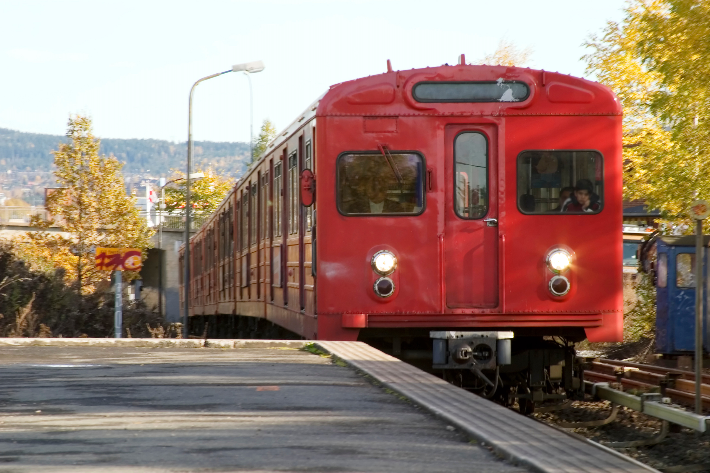 Red T-bane metro train in Oslo